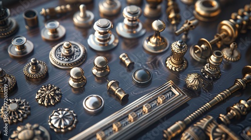 Assortment of furniture hardware on a dark surface. Elegant collection of furniture fittings. Concept of home renovation, interior design, luxury detailing, and hardware accessories.