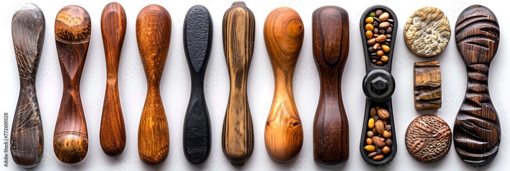 Assorted wooden drawer handles arranged on a white background. Varied selection of cabinet pulls. Concept of carpentry, interior design, modern home hardware, and wood craftsmanship. Top view