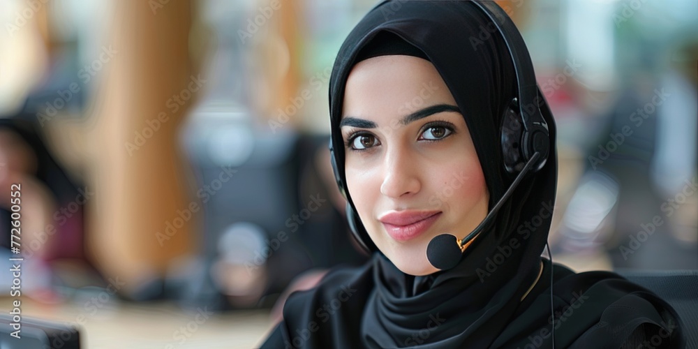 Muslim woman with head covering working in call center business Muslim woman with head covering working in call center business