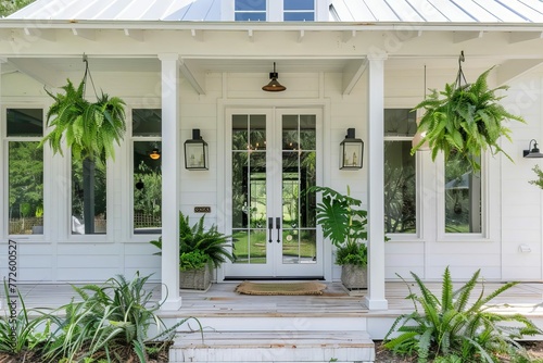 Modern farmhouse front door with lush greenery and welcoming porch decor, exterior architecture photo © Lucija