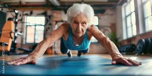 Elderly woman doing pushups on mat in gym photo