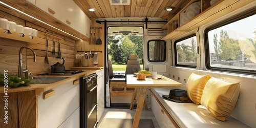 Interior of a van dwelling or RV (recreational vehicle) for cross-country travel and road trips