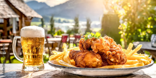 Paniertes Hähnchen mit Bier im Biergarten  photo