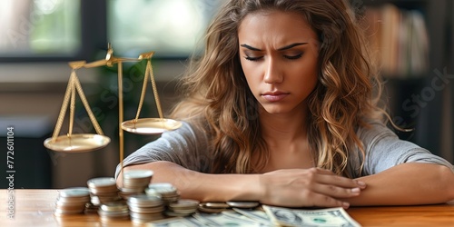 Upset woman looking at stacks of cash money on the tabletop with scales of justice in the background