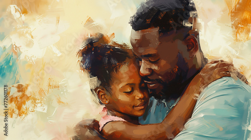 Abstract African American father & daughter family watercolor portrait. Father's Day illustration. Painting of black dad & child hugging. Black History Month. Oil painting family artwork. Copy space photo