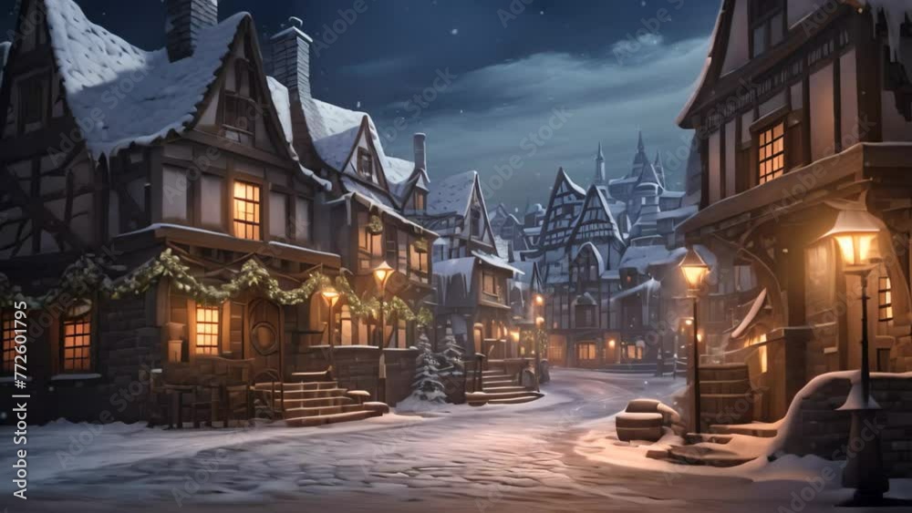 Fairytale winter night in the old town. 3d rendering, AI Generated Fairytale winter night in the old town. 3d rendering, AI Generated
