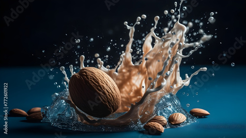 Picture of almond splash with water infront of dark background