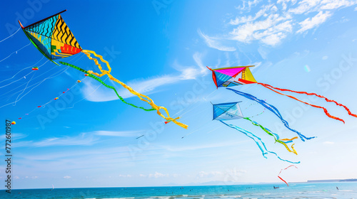Colorful kites soaring high against a clear blue sky on a sunny day at the beach, capturing the exhilaration and sense of freedom that comes with flying a kite in the summer breeze