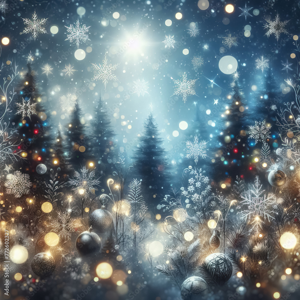 Christmas and New Year abstract festive background with winter forest and snowflakes, Generative AI Christmas and New Year abstract festive background with winter forest and snowflakes, Generative AI