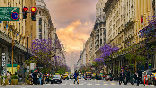 Bustling European-Style Boulevard with Jacaranda Trees in a Spanish-Speaking City at Sunset