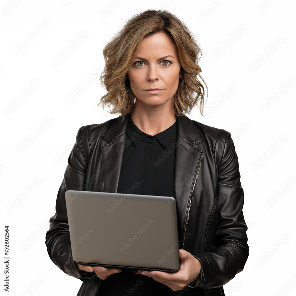 Confident professional woman in a leather jacket and black blouse holding a laptop, embodying strength Confident professional woman in a leather jacket and black blouse holding a laptop, embodying strength