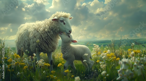 Two sheep graze in a grassy field of yellow flowers