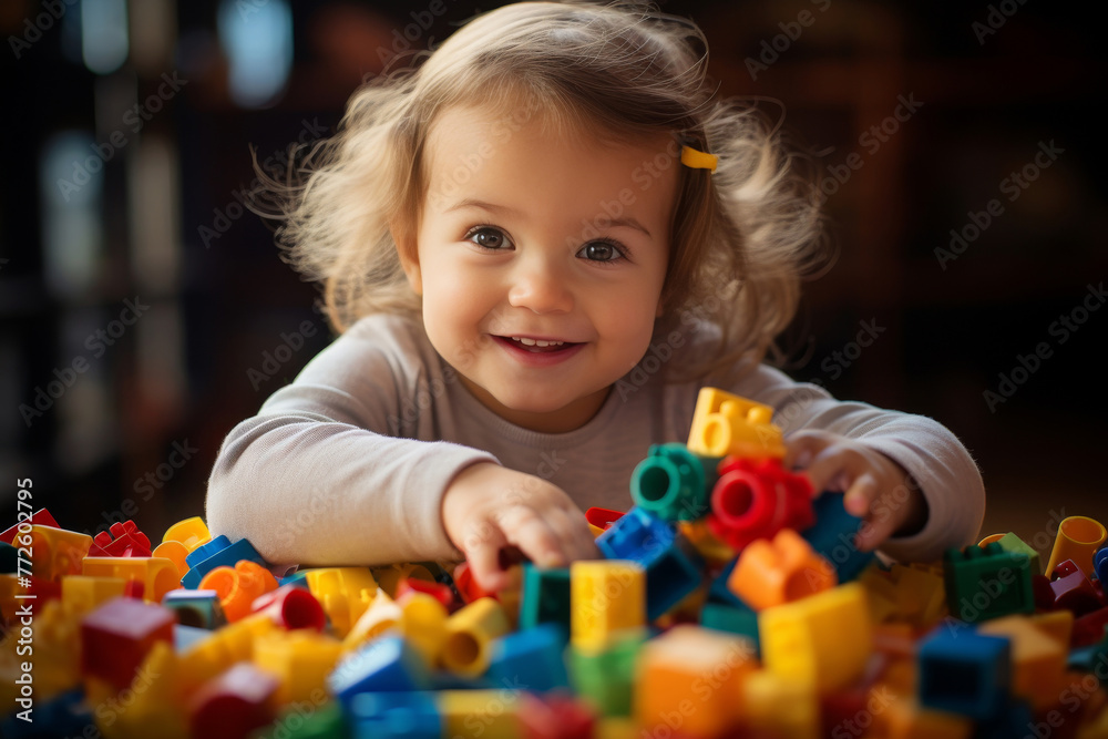 Fototapeta premium Cute little girl joyfully playing with colorful building blocks, educational toy