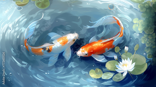 Two spotted koi carp circle in the water with a white lily. High quality illustration photo