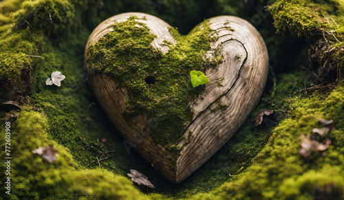 Moss heart at the forest  in the style of romantic and nostalgic themes  wood heart in nature