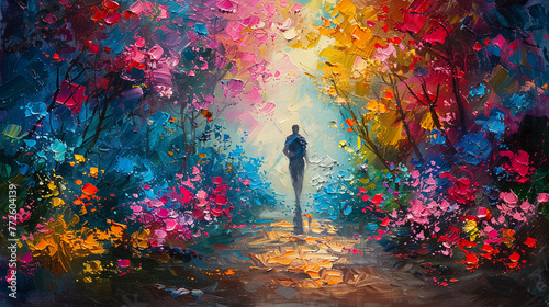 impressionist painting of a runner on a path surrounded by blooming flowers photo
