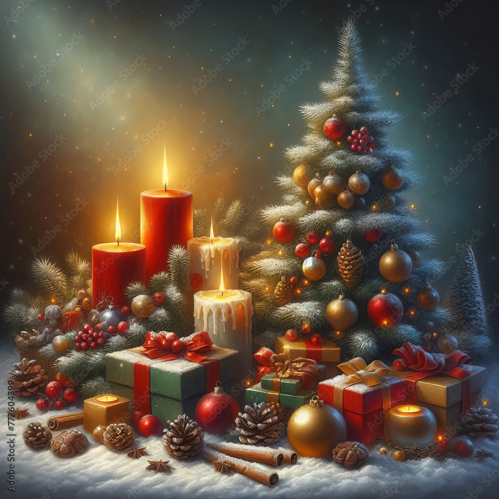 Still life painting of Christmas and New Year holidays background, Christmas tree, gifts and candles on the snow Still life painting of Christmas and New Year holidays background, Christmas tree, gifts and candles on the snow