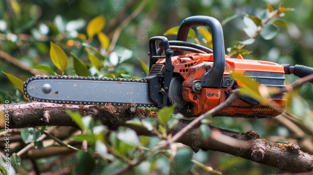 A chainsaw on a tree branch in the garden. Selective focus