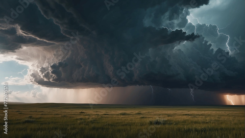 A dark storm cloud with lightning bolts over a grassy plain.