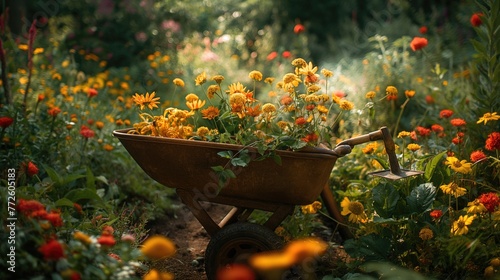 A shovel in a wheelbarrow among plants in a garden