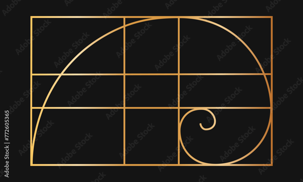Golden ratio template. Gold logarithmic spiral in rectangle frame ...
