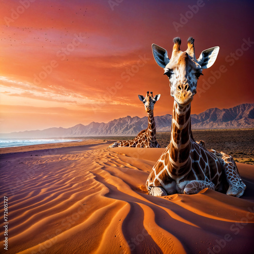 Two giraffes on the background of an orange landscape © Victor