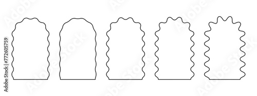 Set of arch frames with wavy edges. Archway shapes with undulated borders. Wiggly portals or doors, empty mirrors or text boxes, tags or labels isolated on white background. Vector illustration.