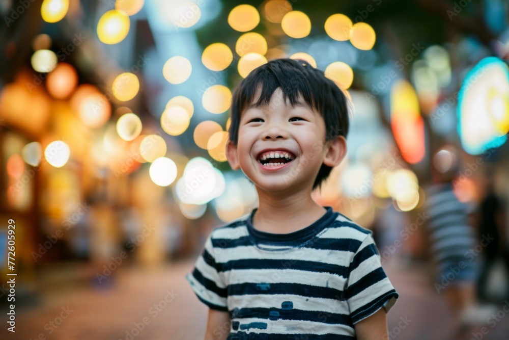 Cute little asian boy in the street with bokeh background Cute little asian boy in the street with bokeh background