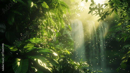 Rich tropical rainforest in the morning The morning sun shines on the waterfall and lush green leaves.  © Ekkarat_Studio