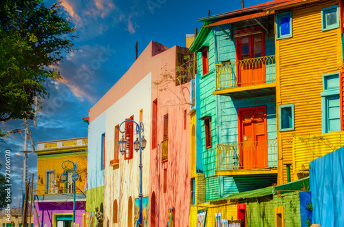 Vibrant La Boca Neighborhood Scene with Colorful Buildings, Buenos Aires, Late Afternoon Light