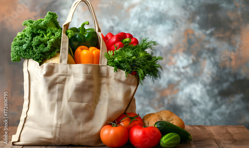 Tote bag full of different fresh, organic vegetables. eco-friendly market and delivery concept. © Alexey