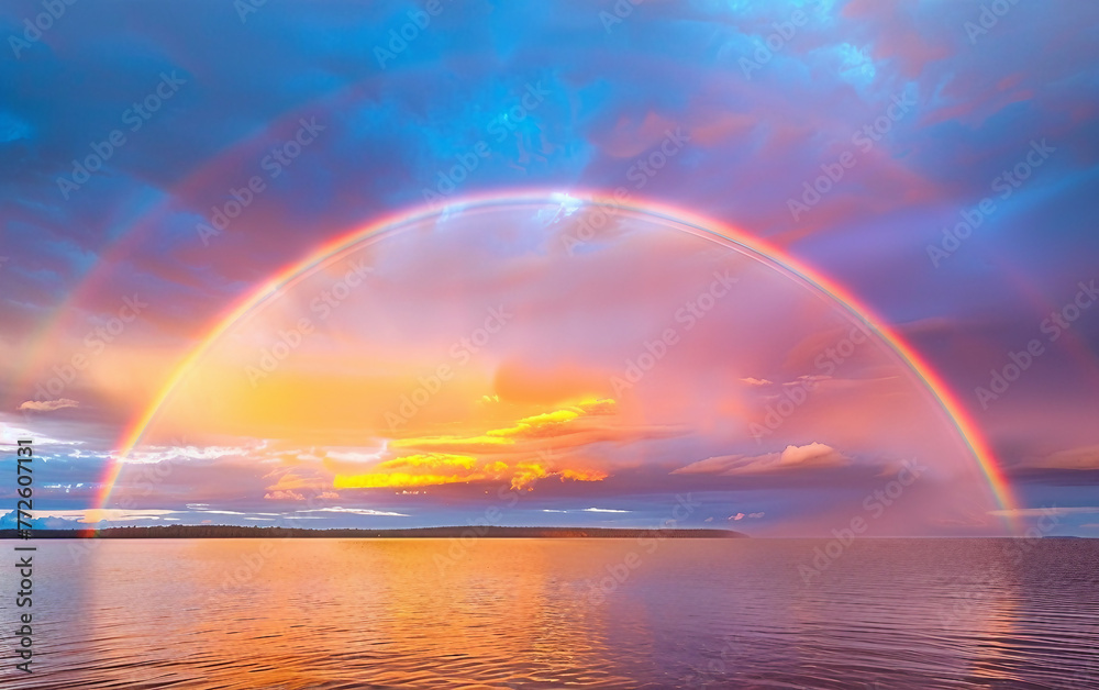 Colorful Rainbow Stretching Across the Midday Horizon isolated on transparent background PNG.