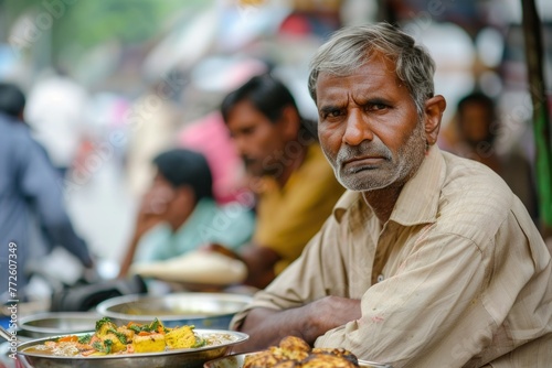 Indian man at the market sells chapatis, food. Bread. roti