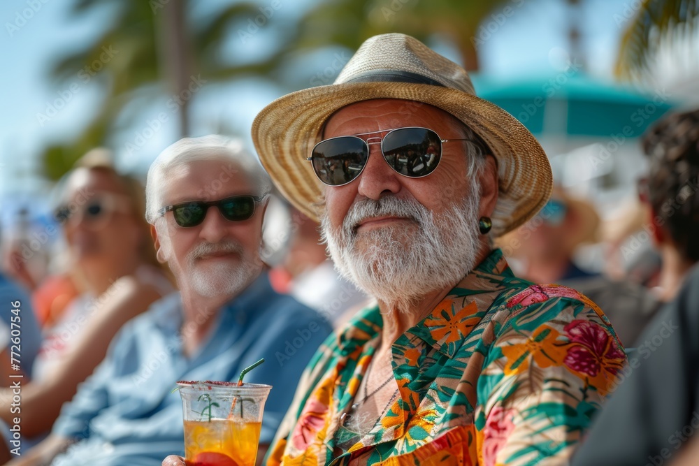 Seniors relax on beach, smiles abound, drinks in hand, admiring palm-lined coast