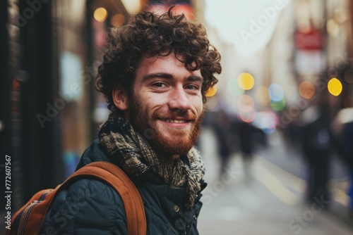 Portrait of a handsome young man with curly hair in the city