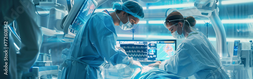 The doctor is performing surgery on the patient inside the operating room with equipment all around. Generative AI