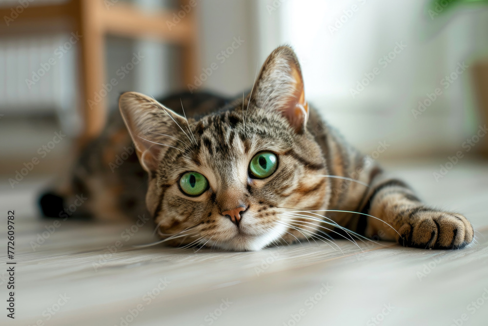 Beautiful tabby cat with bright green eyes lying on the floor, close up, indoors, living room blurred background