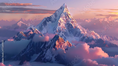 Mountain peak of the tibetan snow-capped mountains, a beautiful panorama of the mountains at sunset of the day