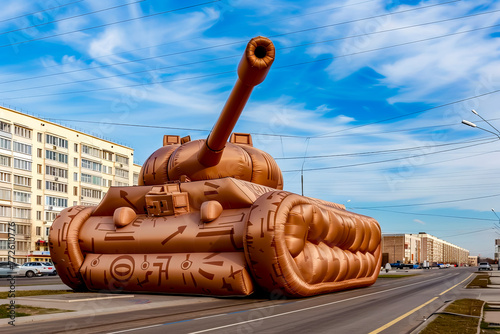 Large inflatable tank on the side of road with building in the background. photo