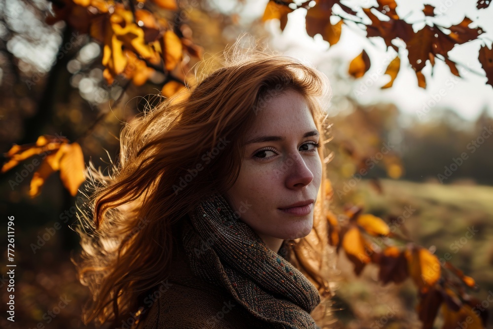 Portrait of a beautiful young woman with red hair in an autumn park Portrait of a beautiful young woman with red hair in an autumn park