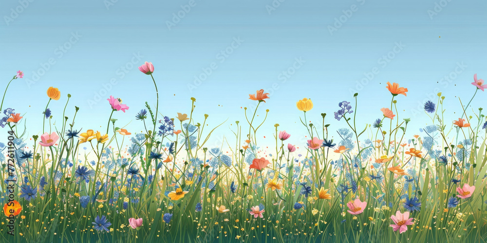 Beautiful Wildflower Field under Blue Sky on Sunny Day in Summer Nature Landscape Photography Concept