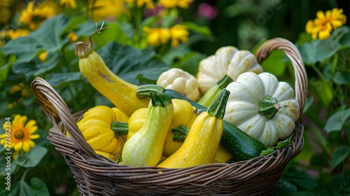 pattypan, white squash, Cucurbita pepo and zucchini in a basket in the garden photo