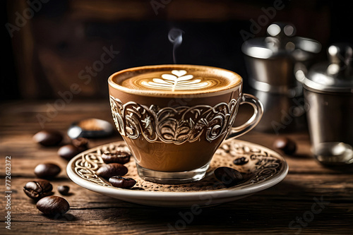 A close-up shot of a beautifully crafted espresso or latte  showcasing intricate latte art and the rich tones of the coffee against a rustic wooden background 