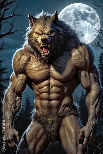 A menacing werewolf, yellow eyes, baring teeth, standing in a clearing at night with the moon in the background