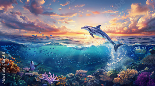 Clear blue sea at sunset Dolphin jumping above the water colorful coral. © Ekkarat_Studio