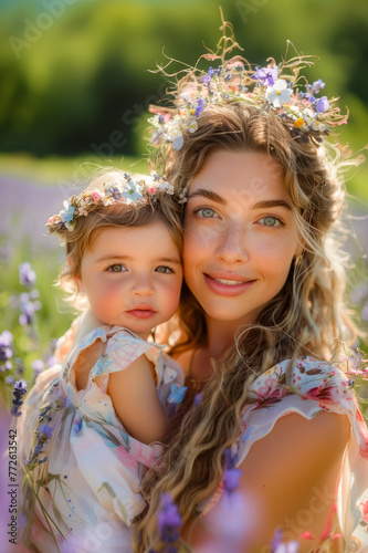 Woman holding little girl in field of lavender flowers with her arms around her.