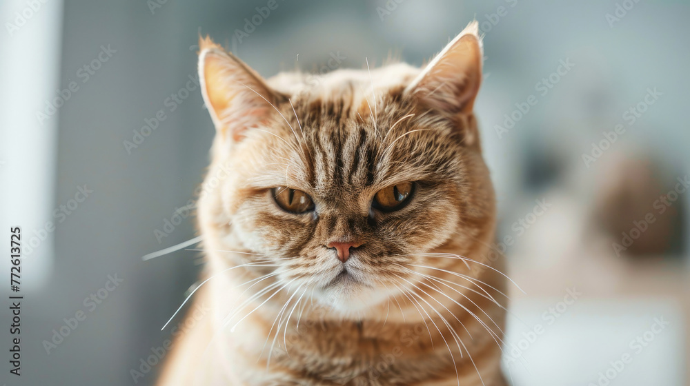 Fluffy angry ginger cat close up looking at the camera, unhappy and grumpy, light room background Fluffy angry ginger cat close up looking at the camera, unhappy and grumpy, light room background