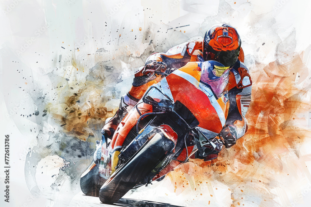 Fototapeta premium Orange watercolor painting of sport motorsport in action on the race