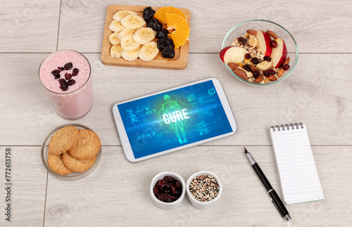 Tablet Pc with fruits, medical concept