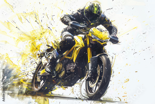 Yellow watercolor painting of sport motorsport in action on the race